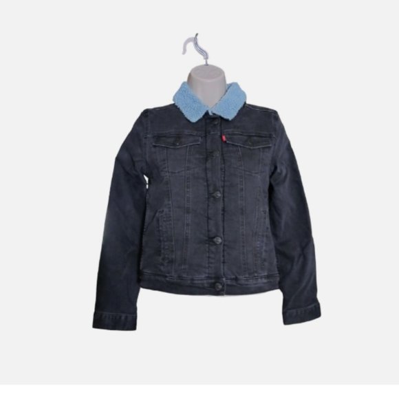 Levi's Trucker Black Jean Denim Jacket Fleece Sherpa Lined Girls 12-13 Size L - Picture 1 of 9
